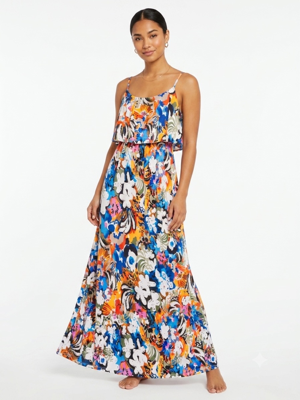 Moa Moa Tropical Floral Maxi Dress Size M Popover Ruffle Keyhole Back Boho